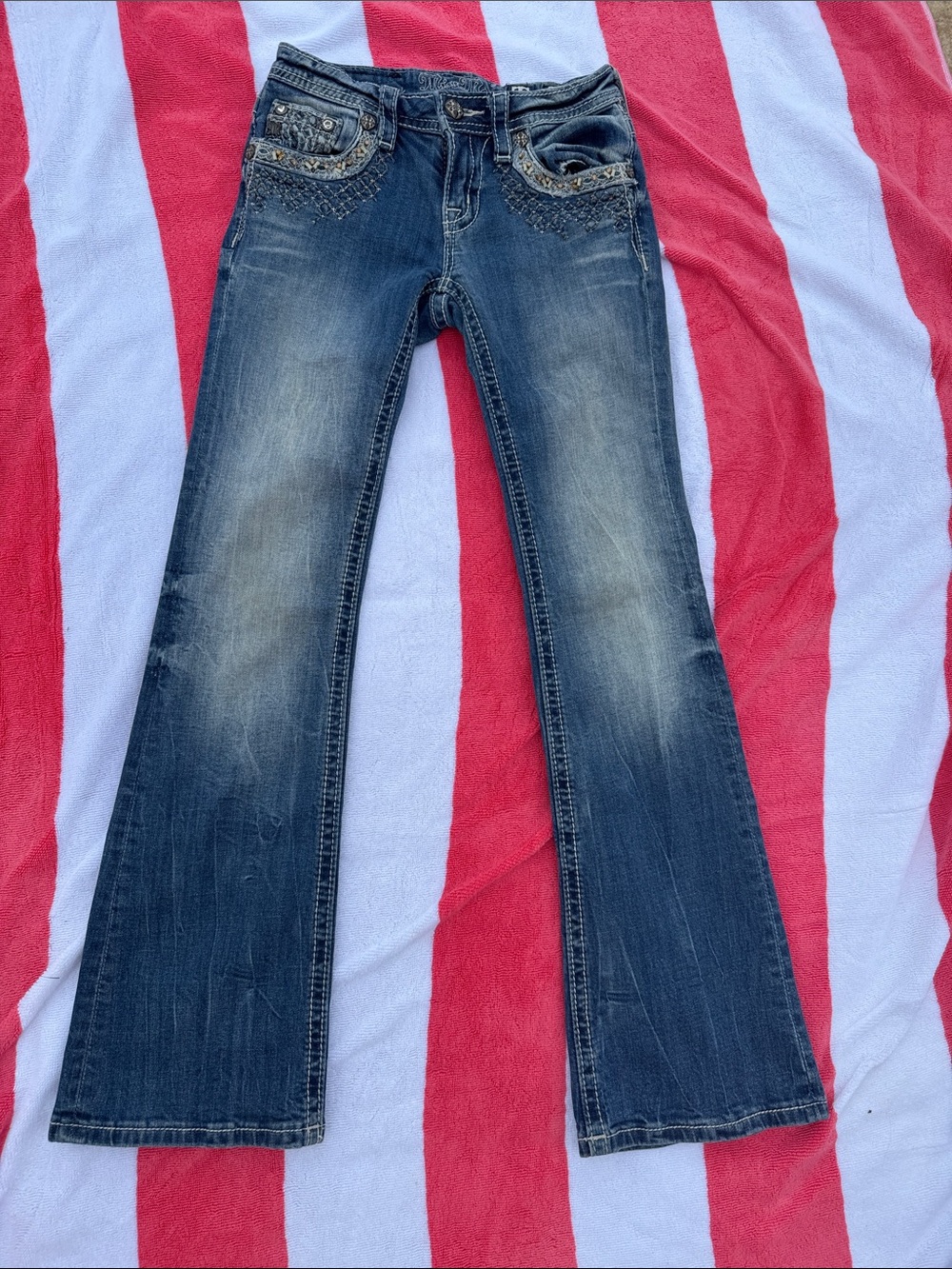 Miss Me Dark Blue Faded Bootcut Jeans with Embellished Pockets